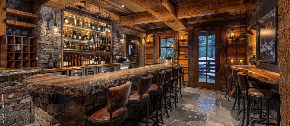 Wine cellar or bar stocked with fine wines and spirits complements upscale mountain cabin living.