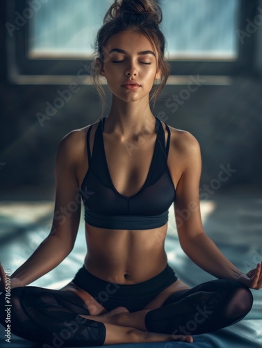 Portrait of gorgeous sporty sensual woman practicing yoga and meditates, healthy life concept, professional photo