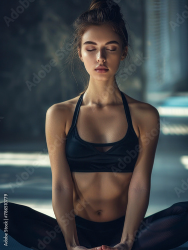 Portrait of gorgeous sporty sensual woman practicing yoga and meditates, healthy life concept, professional photo