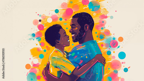 African father hugging son, flat digital illustration with digital grain noise, father's day memories, neon colors, fatherhood moments