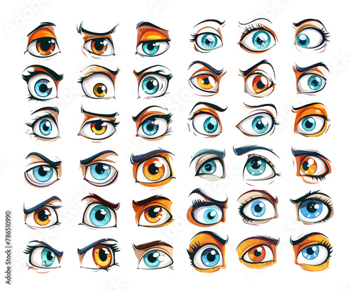 Eyes colored cartoon vector set. Men women blue brown happy sad evil frightened suspicious view expressive emotion look illustration isolated on white background