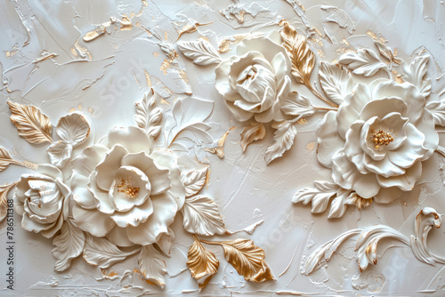 white and gold floral relief design on textured background