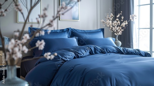 Luxury bedroom with silk royal blue bedding