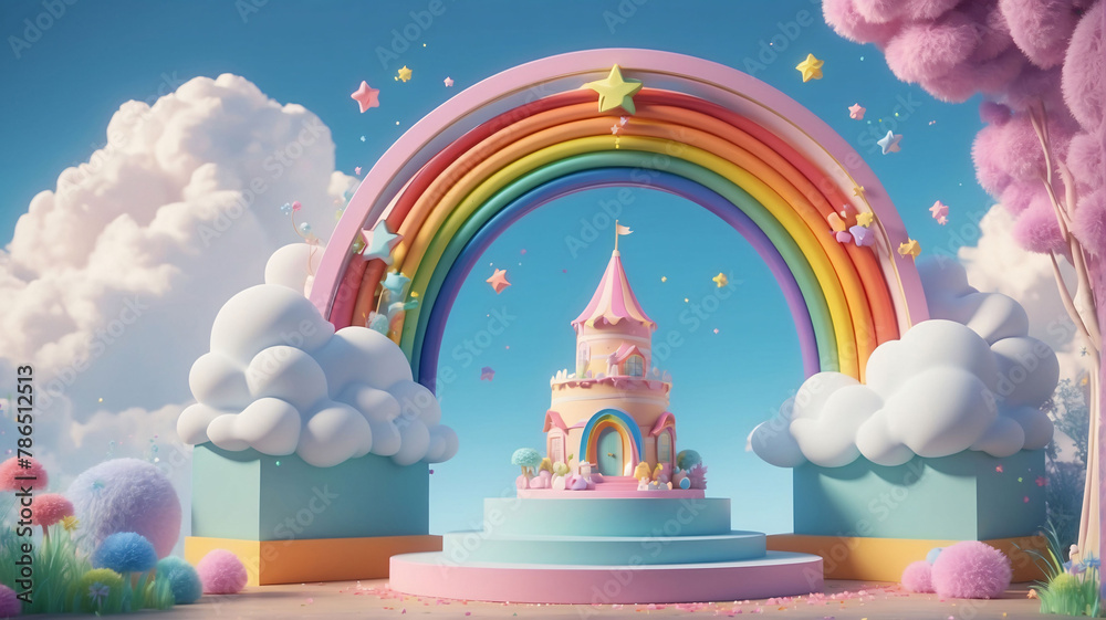 Cute 3D podium stage with pink castle, rainbow arch, clouds on pastel blue background. Baby product display podium banner