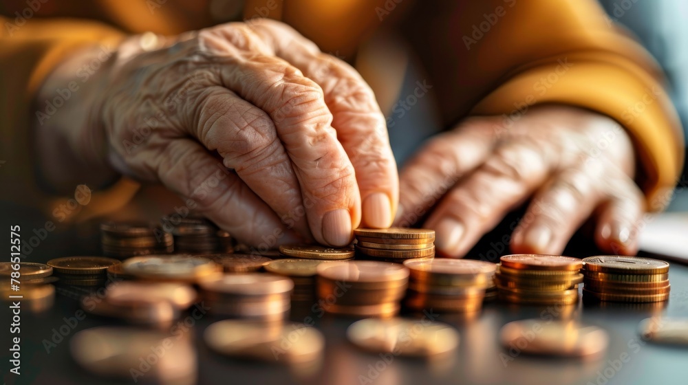 Senior woman counting coins, reality of poverty and the necessity of saving money on meager pension. Concept of financial literacy for seniors. Generative ai Senior woman counting coins, reality of poverty and the necessity of saving money on meager pension. Concept of financial literacy for seniors. Generative ai