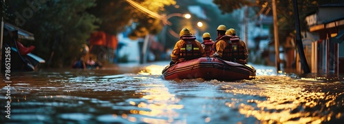 Rescue team evacuating people in flooded urban areas