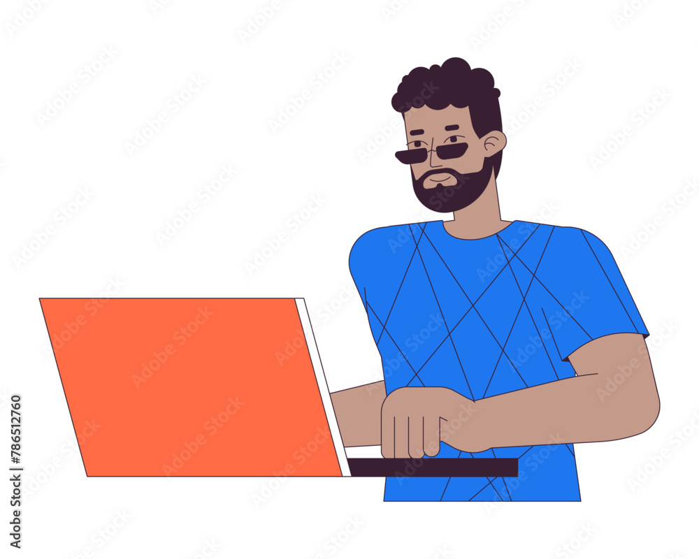 African american man using laptop 2D linear cartoon character. Black guy in sunglasses at computer isolated line vector person white background. Surfing internet color flat spot illustration African american man using laptop 2D linear cartoon character. Black guy in sunglasses at computer isolated line vector person white background. Surfing internet color flat spot illustration