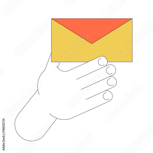 Holding closed envelope linear cartoon character hand illustration. Communication via paper letters outline 2D vector image, white background. Sending message by mail editable flat color clipart