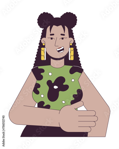 Smiling latin american woman 2D linear cartoon character. Cheerful female holding elbow isolated line vector person white background. Positive emotion expression color flat spot illustration