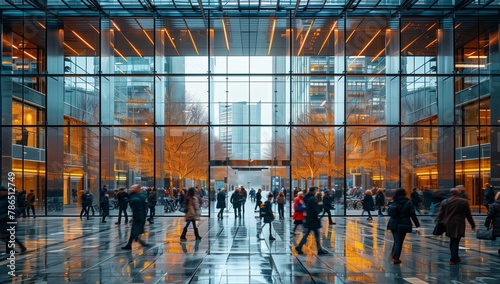 A group of people leisurely strolling through a grand glass building with symmetrical facade, overlooking the city and water, admiring the stunning flooring and architecture