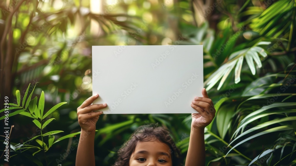 Hands of multiracial child holding blank white empty paper card on nature green background. Copy space. Generative ai Hands of multiracial child holding blank white empty paper card on nature green background. Copy space. Generative ai