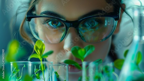 Biotechnology - science of Genetic Engineering. Scientist woman experiments with genetically modified plants in laboratory. Generative ai