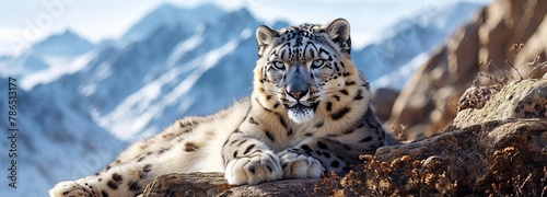 Snow Leopard Resting on High Perch