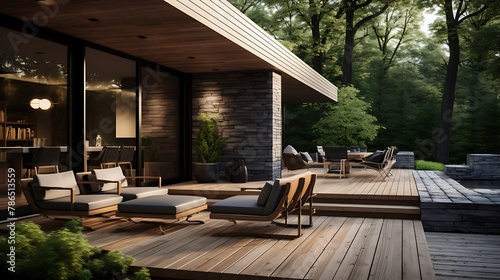 Contemporary wooden terrace with plank wall 