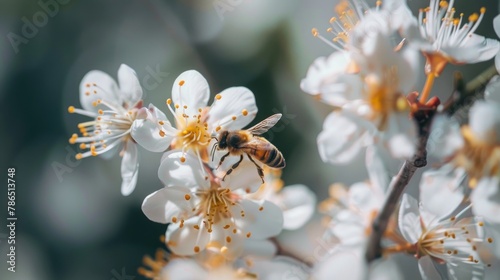 Tiny bee resting on a white blossom