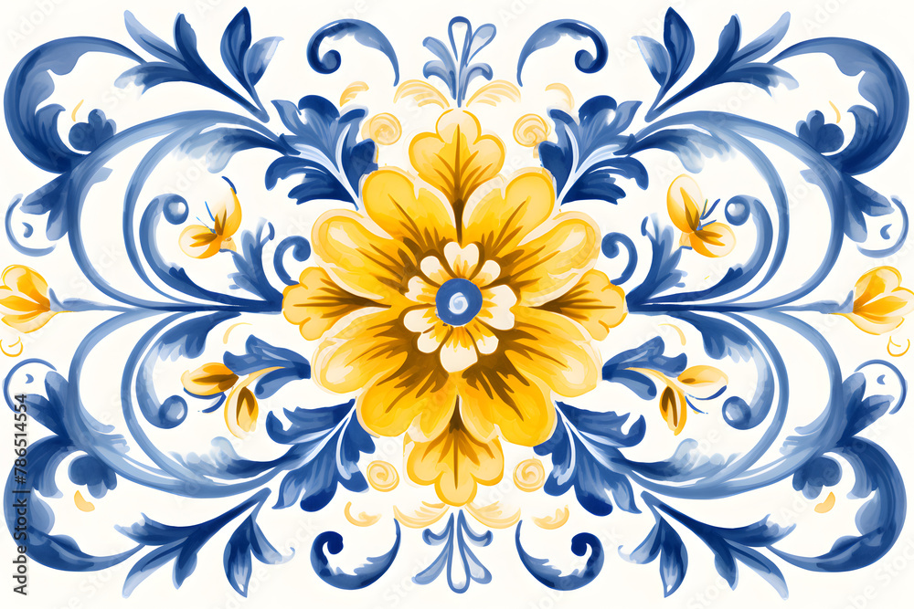 Pattern of Portuguese azulejos tiles. Rustic blue and yellow tile watercolor seamless pattern Pattern of Portuguese azulejos tiles. Rustic blue and yellow tile watercolor seamless pattern