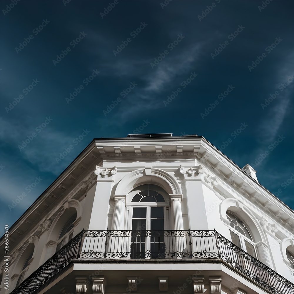 Low angle view of white classic building with balcony facing blue sky