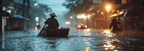 Residents navigating flooded streets on makeshift rafts photo