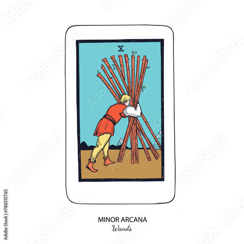 Tarot card vector deck . Minor Arcana Wands . Occult esoteric spiritual Tarot. Isolated colored hand drawn illustrations
