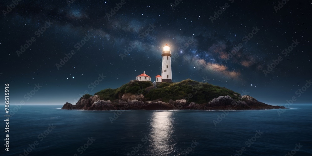 Lighthouse on an island in the middle of the sea, galaxy background