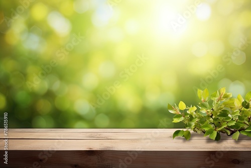 Spring Flowers, Leaves, and Plants on Wooden Table Against Green Blur Bokeh Background