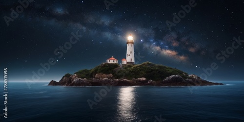 Lighthouse on an island in the middle of the sea, galaxy background