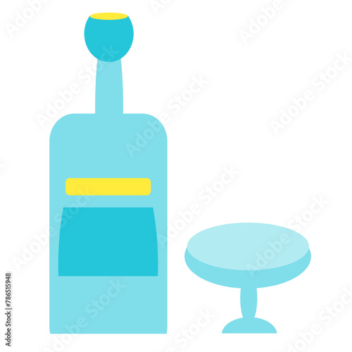 Blue glass bottle with a label and a blue glass goblet. Alcoholic drink