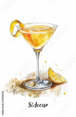 Watercolor illustration of a classic Sidecar cocktail isolated on white © asife