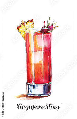 Watercolor illustration of a Singapore Sling cocktail isolated on white © asife