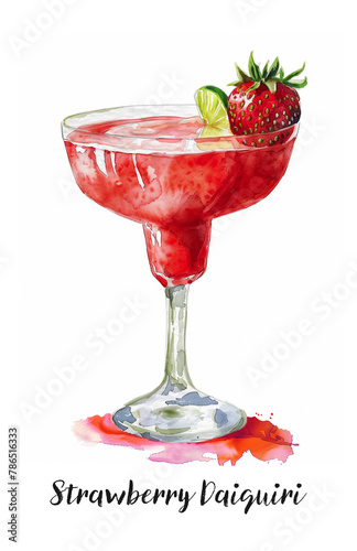 Watercolor illustration of a Strawberry Daiquiri cocktail isolated on white © asife
