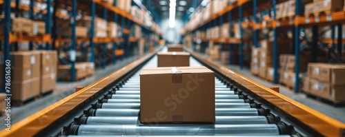 A box on a conveyor belt in a warehouse. © Pawankorn