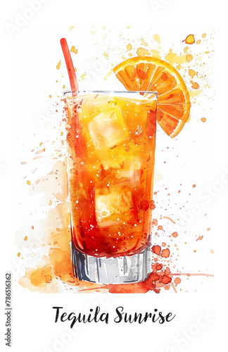 Watercolor illustration of a Tequila Sunrise cocktail isolated on white © asife