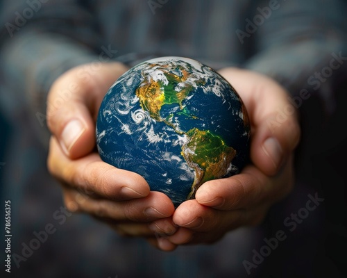 A photo of a person holding the Earth in their hands.