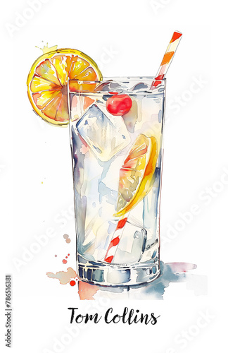 Watercolor illustration of a Tom Collins cocktail isolated on white © asife