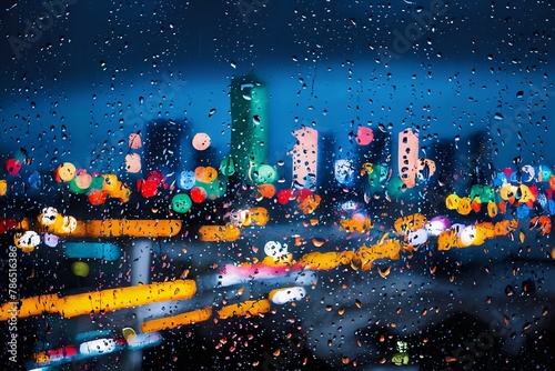 Abstract city lights, blurred by the rain. The raindrops catch the light, creating a dazzling display of colors and shapes. The cityscape is set against a dark, stormy sky.
