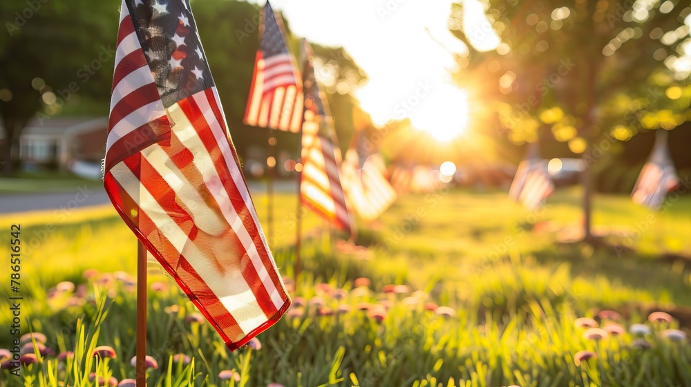 Field of American Flags Honoring Veterans on Memorial Day. In remember of military veteran and Happy memorial day Celebration
 - obrazy, fototapety, plakaty 