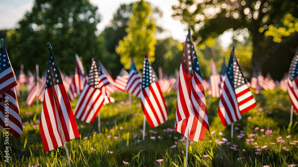 Field of American Flags Honoring Veterans on Memorial Day. In remember of military veteran and Happy memorial day Celebration
