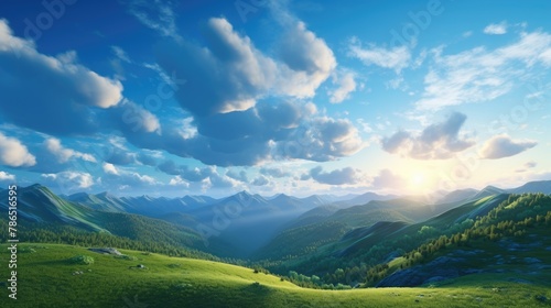 Dramatic Sunrise over Green Mountains. Morning Landscape with Blue Sky and Fluffy Clouds, Natural Background and Wallpaper