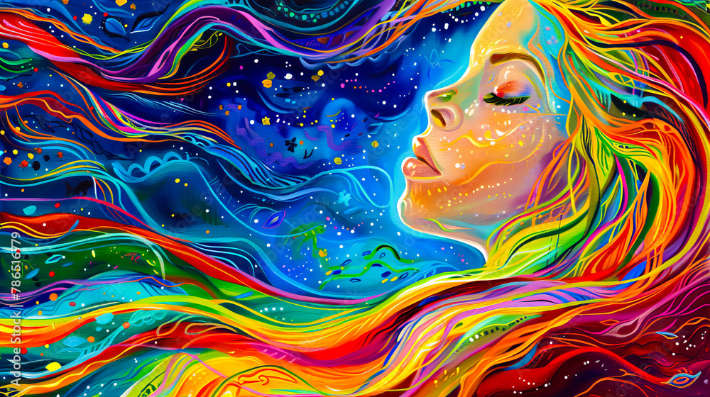 Rainbow-Themed Psychedelic Portrait of Teen Girl for LGBT Celebration
