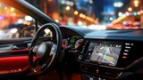GPS satellite navigation display red luxury car interior driving, bokeh lights