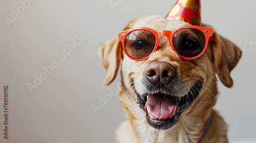 Cute happy labradoodles wearing red sunglasses birthday hat , against a white background, in the style of copy space concept