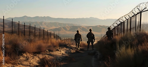 Silhouette three military army soldiers standing guard patrol US border fence
