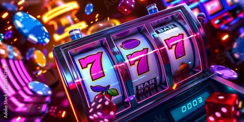 3D casino slot machine, purple neon, flying chips with red dice, gambling concept photo