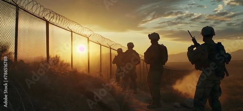 Silhouette four soldiers patrol US border fence immigration law, deport, illegal immigrant photo