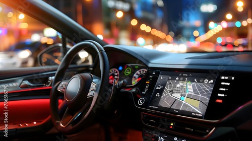 GPS satellite navigation display red luxury car interior driving, bokeh lights photo