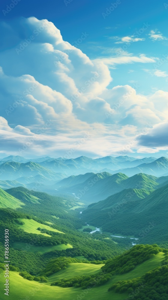 Dramatic Sunrise over Green Mountains. Morning Landscape with Blue Sky and Fluffy Clouds, Natural Background and Wallpaper Dramatic Sunrise over Green Mountains. Morning Landscape with Blue Sky and Fluffy Clouds, Natural Background and Wallpaper