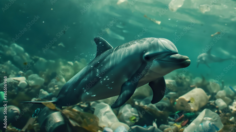 Fototapeta premium Dolphin swim with plastic waste , Enviromental problem .
