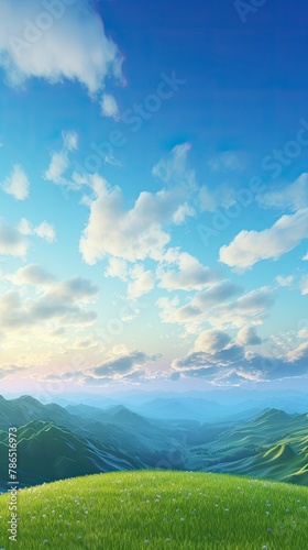Dramatic Sunrise over Green Mountains. Morning Landscape with Blue Sky and Fluffy Clouds  Natural Background and Wallpaper
