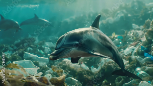 Dolphin swim with plastic waste , Enviromental problem . © Piyaporn
