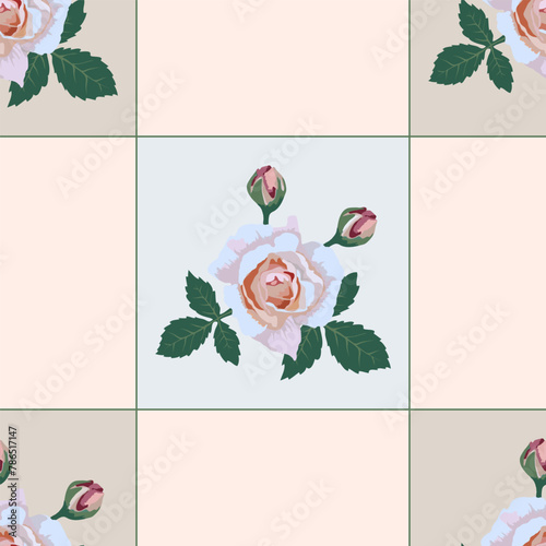 Vector floral pattern, seamless for kitchen tablecloth design, pink rose flowers on a checkered background in pastel colors